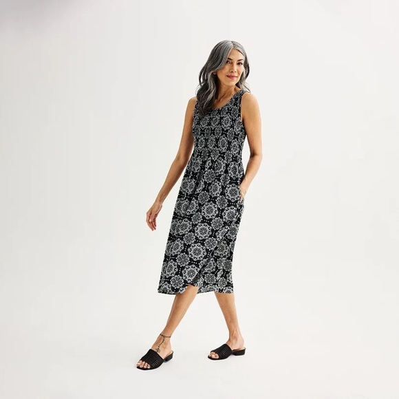 Women's Croft and Barrow Smocked printed Swing Midi Dress black white size 3X - Picture 1 of 6